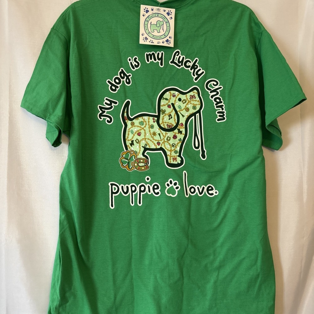 Puppie Love Rescue Green Lucky‎ Charm Puppy Simply style Graphic Tee L